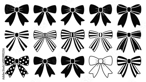 Set of decorative ribbon bows, cute gift knot vector illustrations with black stripes and dots, hair accessory designs, holiday and party decoration symbols, isolated for digital graphics, scrapbook 