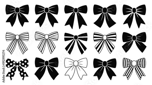 Set of decorative ribbon bows, cute gift knot vector illustrations with black stripes and dots, hair accessory designs, holiday and party decoration symbols, isolated for digital graphics, scrapbook 