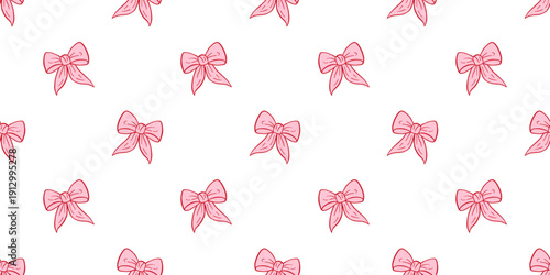vector seamless pattern with whimsical coquette pink ribbon bows on white background. Charming pretty outline hand drawn style for girly fabric, gift wrap, stationery, festive decor. Cute girly print.