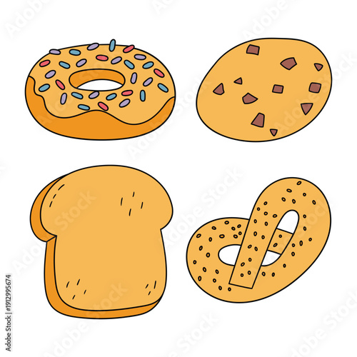 Hand-drawn cartoon set of bakery products on a white background.