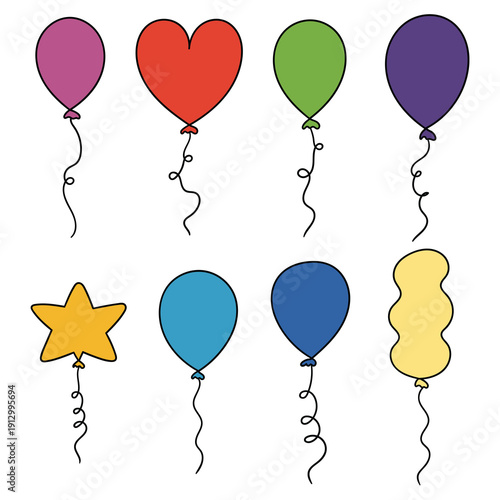 Hand-drawn cartoon set of colored balloons on a white background.