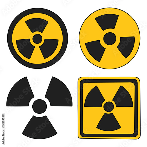 Hand-drawn cartoon set of nuclear radiation signs on a white background.