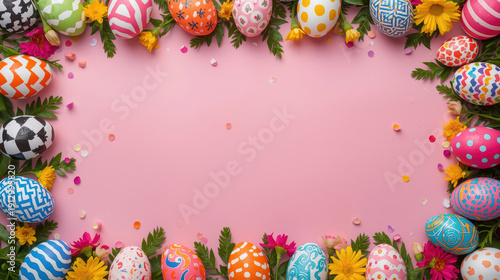 Cornice pasquale con uova colorate e fiori primaverili su sfondo rosa. Generative AI 
