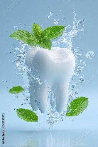 Mint leaves and a tooth splash in water against a light blue background during daytime