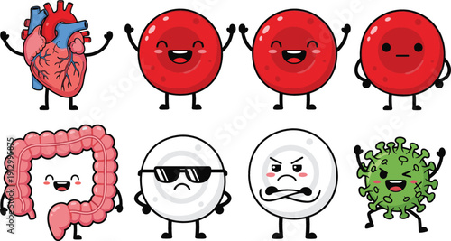 Cute Human Body and Medical Character Set with Heart Blood Cells Organs and Virus Mascots for Healthcare Education, Stickers, and Cartoon Vector Designs