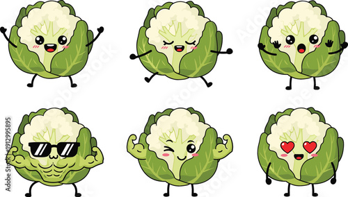 Cute Cauliflower Character Set with Funny Facial Expressions and Emotions for Food Mascots, Healthy Eating Designs, Stickers, and Cartoon Illustrations