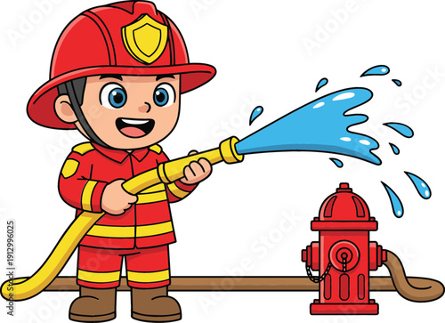 Cute Cartoon Firefighter Kid Using Fire Hose Vector Illustration for Safety Education, Emergency Awareness, Kids Learning, and Playful Graphic Design Projects