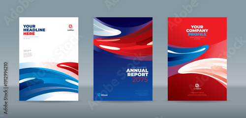 Professional cover template featuring abstract fluid shapes in blue and red gradients with glossy highlights. A4 size book cover template for annual report, magazine, booklet, proposal, portfolio