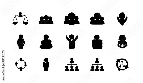 Community and equality flat icon set showing teamwork gender balance family care and social support vector illustration
