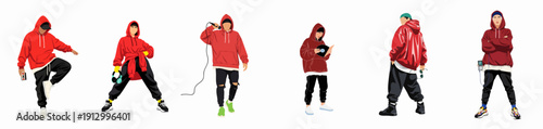 Six stylized illustrations of young people in red hoodies and streetwear, depicting hip hop and urban music culture, isolated on white.