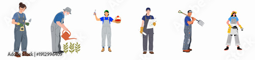 Diverse group of farmers, gardeners, and agricultural workers performing various outdoor tasks related to planting, harvesting, and cultivation, using tools.