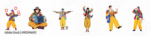 Diverse street performers ensemble illustration featuring juggler, accordionist, mime, puppeteer, and magician in colorful patchwork clothes, isolated on white.