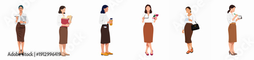 Professional Women Characters Set: Diverse Business Ladies in Flat Illustration Style with Office Supplies and Everyday Items.
