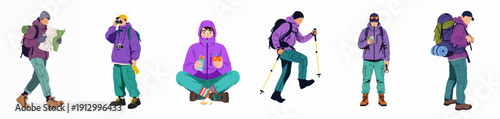 Set of hikers and outdoor adventurers with gear engaged in activities like navigation, photography, climbing, and resting.