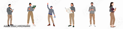Modern Professionals Lineup: Diverse engineers, architects, and technologists engaging with digital tools, virtual reality, and electronic hardware in flat vector style.