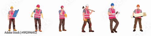 Vector set of construction workers, engineers, and tradesmen figures in safety vests and hard hats doing various building tasks.