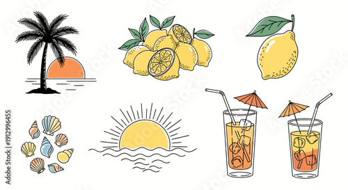 A colorful illustration of summer elements including palm tree, lemons, seashells, sun, and refreshing drinks.