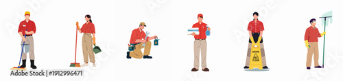 Collection of diverse service and facility maintenance workers performing cleaning, repair, and housekeeping tasks.