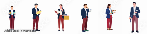 Business professionals performing diverse office and administrative tasks, including communication, data entry, logistics, and real estate, isolated vector illustrations.