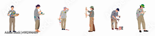 Diverse Artists and Painters Working Set. Vector Illustration of People Holding Tools, Covered in Paint Splatters, Engaged in Art and DIY Tasks.