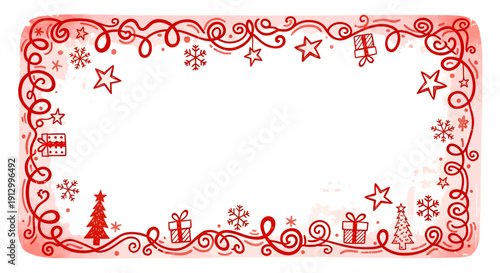 A festive holiday border with red swirls, stars, snowflakes, and gifts on a white background.