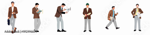 Diverse set of professional men illustrations in business attire, including roles like engineer, financial analyst, and real estate agent.