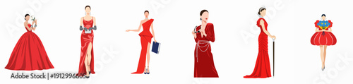 Red carpet fashion collection: elegant vector illustrations of women wearing different formal red gowns and luxury accessories.