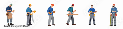 Professional male carpenters and builders using construction tools set, measuring, sawing, planing, and drilling isolated on white background.