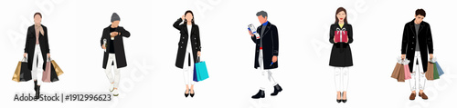 Stylish urban shoppers wearing black trench coats and white pants holding shopping bags, coffee, and a gift box in a vector illustration set.