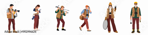 Collection of diverse professional photographers and photojournalists wearing vests and holding various camera equipment in flat vector style.