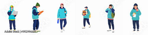 Diverse Set of Vector Illustrations Featuring Young Male Students Engaged in Daily Activities like Studying, Technology Use, and Casual Life.