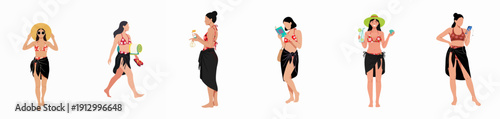 Summer beach activities set: Six different poses of young women in bikinis and sarongs, enjoying reading, walking, drinks, and sun protection.