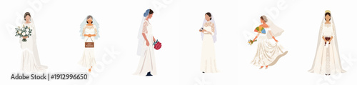 Diverse Collection of Brides: Modern Flat Vector Illustrations of Women in Various Wedding Dresses, Veils, and Accessories.