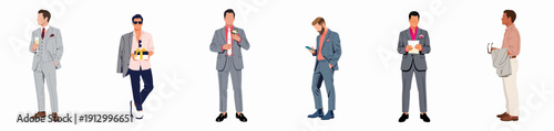 Vector illustration set featuring six stylish men in varied formal and smart casual attire, perfect for weddings, parties, and special events.