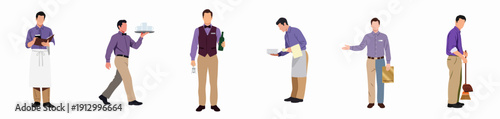 Vector set of professional male waiters performing various restaurant service roles: taking orders, serving, cleaning, and welcoming guests.