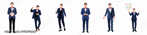Formal Men's Events Collection: Groom, Groomsman, or Guest in Tuxedo Suit Set with Various Poses for Wedding, Proposal, and Celebration.