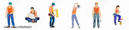 Collection of flat vector illustrations depicting rock climbers preparing equipment, stretching, and navigating for mountain sports adventure.