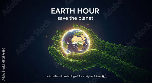 Earth hour campaign with glowing green hand holding the planet earth on a dark background