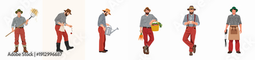 Diverse set of farmer illustrations: working in the garden, sowing seeds, watering, harvesting vegetables, and holding agricultural tools.