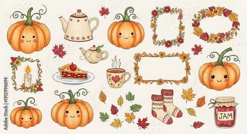 Autumn-themed illustrations of pumpkins, tea, and fall leaves with decorative frames