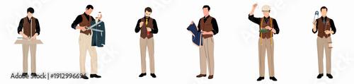 Bespoke Tailoring Process: Set of six illustrations showing professional craftsmen measuring, cutting, sewing, and preparing fine garments.