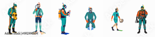 Vector illustration of various scuba divers, snorkelers, and deep-sea professionals representing underwater exploration, safety, and marine research activities.