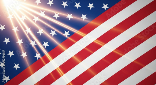 Vibrant american flag with sun rays shining on stars and stripes symbolizing freedom and patriotism