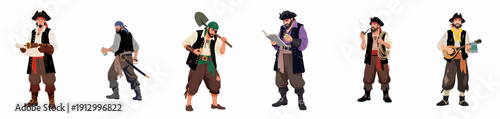 Diverse pirate crew vector set with characters holding maps, shovels, swords, musical instruments, and smoking pipes, isolated on white background.