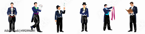 Six Magician Characters Performing Illusions: Vector Set of Man in Formal Tailcoat with Top Hat, Rabbit, Playing Cards, Wand, and Scarf.