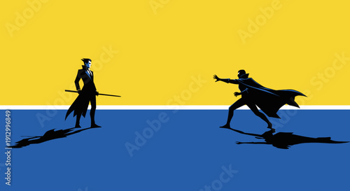 Silhouetted Sword Fight Scene with Two Men.
