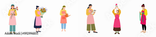 Vector illustration set of female florists and gardeners arranging flowers, watering, and taking inventory, showcasing small business floral work.