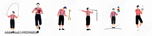 Vector set of classic French mime character performing various theatrical actions including music, acrobatics, prop comedy, and puzzled expressions.