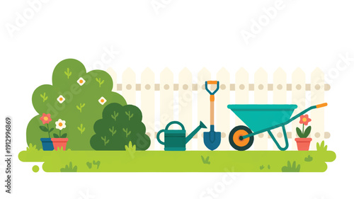 A flat, minimalist illustration of a garden scene with a white picket fence in the background (1)_traced
