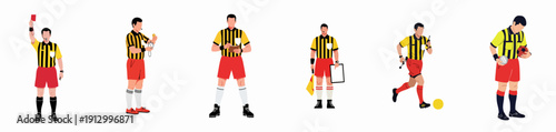 Collection of soccer referee poses and actions: showing cards, timing, writing notes, running, and game officiating.